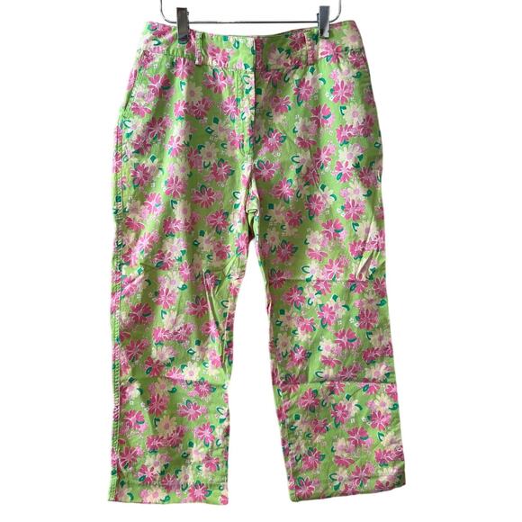 Vintage Lilly Pulitzer Pedal Pusher Pants Green Pink Rhino Print Flaw* 10 - Picture 1 of 7